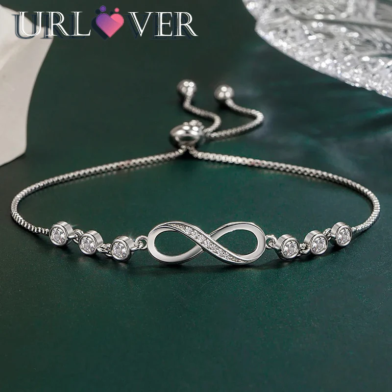 Korean New Luxury Crystal Infinity 8 Pendant Bracelet Women Endless Love Shiny Rhinestone S925 Silver Plated Bangle Jewelry