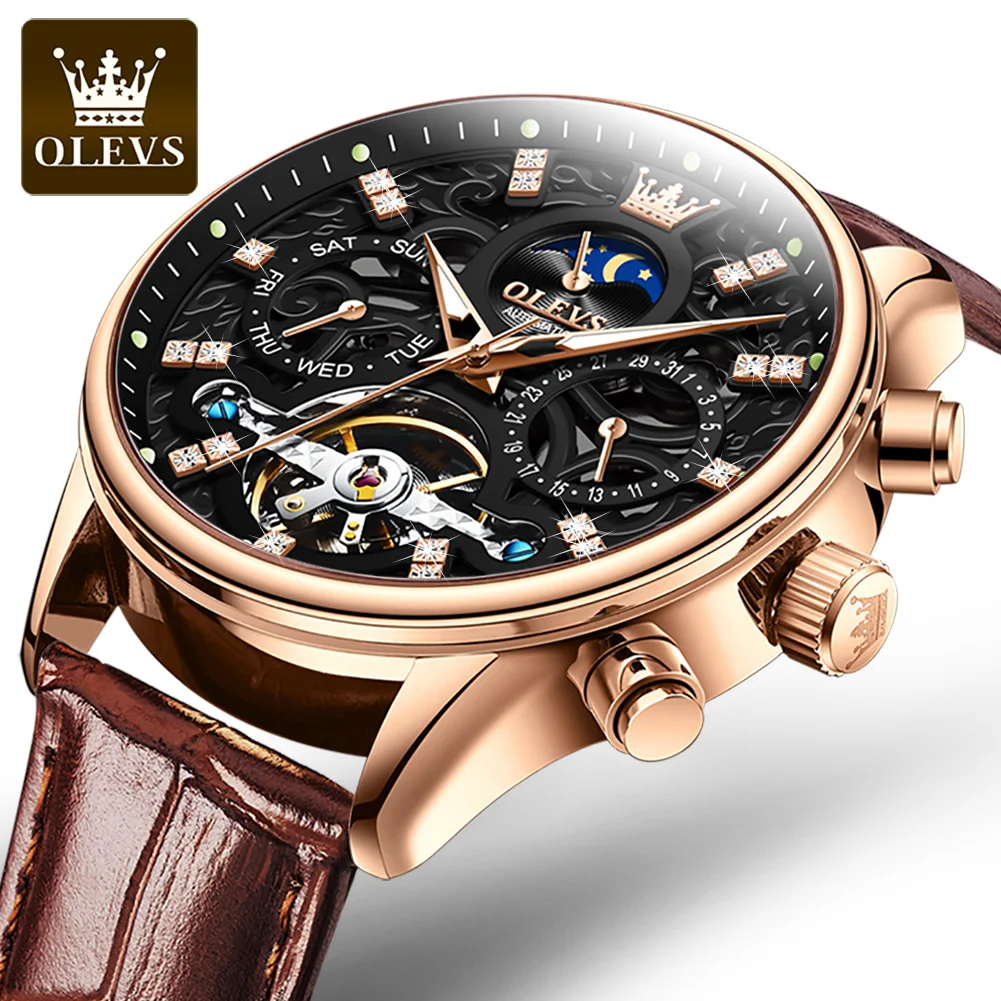 OLEVS Fashion Men Automatic Mechanical Watch Rose Gold Case Tourbillon Skeleton Date Moon Phase Display Waterproof Watches Reloj