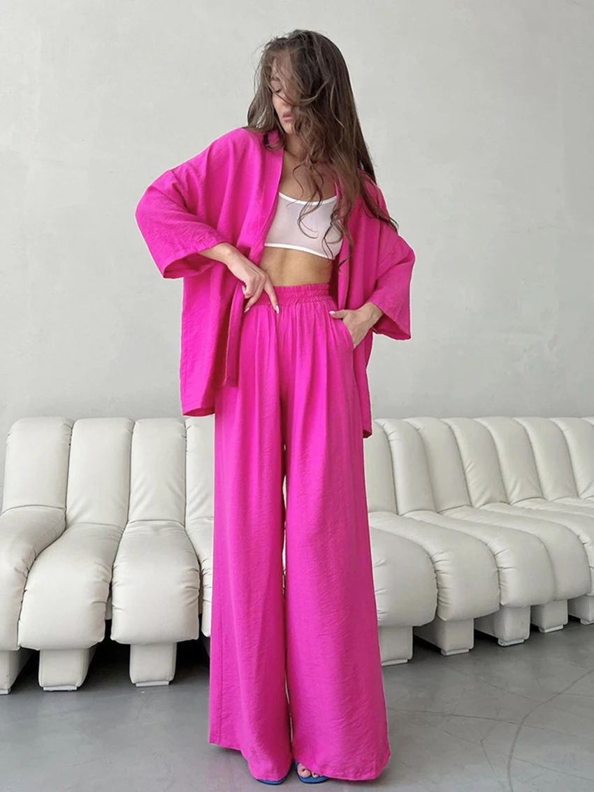 Marthaqiqi Loose Ladies Nightwear 2 Piece Suit Sexy V-Neck Sleepwear Long Sleeve Nightie Wide Leg Pants Causal Femme Pajamas Set