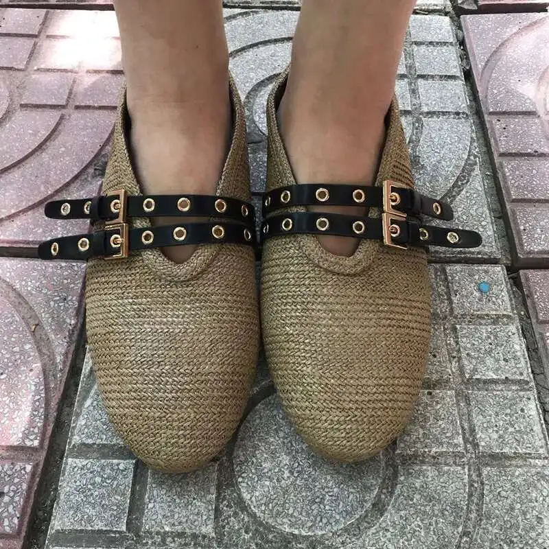رائجة البيع المتسكعون النساء قصب نسج حذاء كاجوال مسطح للنساء عطلة أحذية الشاطئ البغال الصيف الانزلاق على حذاء مسطح في الهواء الطلق سيدة #5