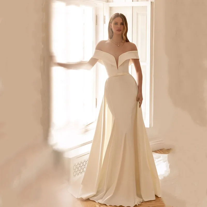 Elegante abito da sposa a sirena Sexy senza schienale con fiocco abito da sposa senza spalline semplice abito da sposa con spalle scoperte Robe De Mariee