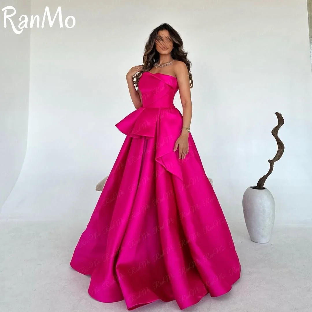 فستان حفلات Ranmo أنيق على شكل حرف a من الساتان بدون حمالات مع طيات بدون أكمام مكشكشة فساتين سهرة للمشاهير حسب الطلب