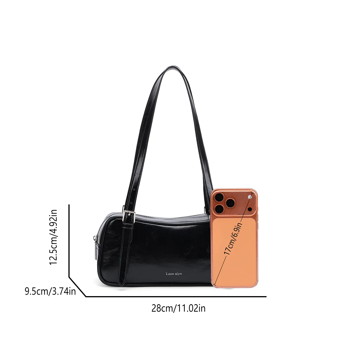 Leon Slyn Smooth Black Oil-Wax Leather Shoulder Bag, Ladies Luxury Designer Boston Retro Underarm Bag, Pillow Bag with Zipper