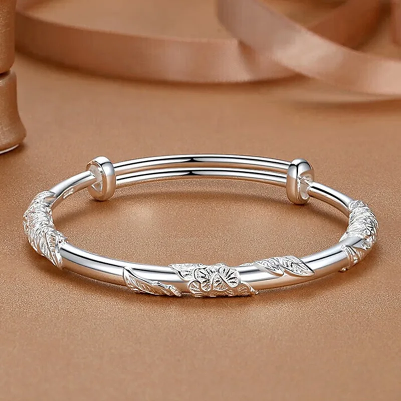 Pulsera de plata de ley 925 con flores sopladas para mujer, brazalete sólido ajustable con textura de lujo, ligero y Original, joyería de fiesta