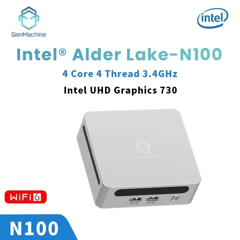 Genmachine Mini PC Intel Alder Lake N100 4 Core 4 Thread 3,4GHz TDP 6W DDR4 RAM M.2 2280 ROM PCIe 3.0 SSD WiFi 6 BT5.2 Desktop