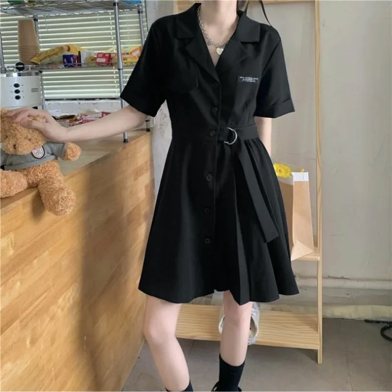 

Summer Women's 2024 New Combination Turndown Collar Button Pocket Belt Solid Color Slimming and Flesh Covering Style Dress