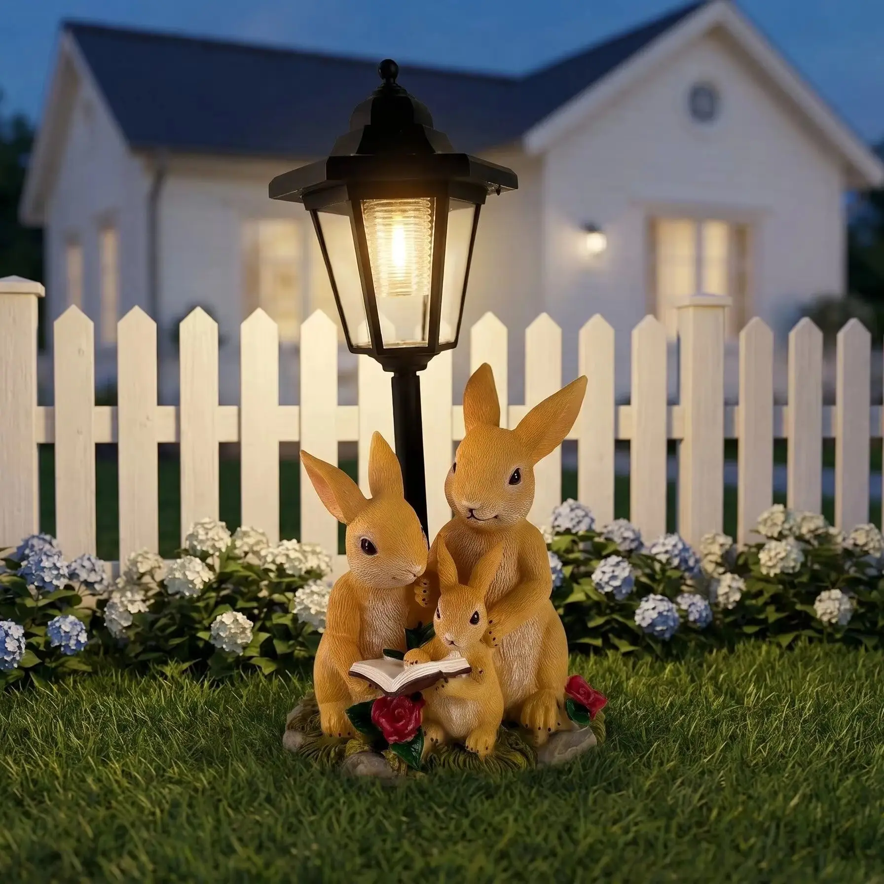 Solar Garden Lamp with Couple Rabbit Sculpture Resin Hexagonal Lamp Ornament Garden Lawn Courtyard Atmosphere Decorative Light