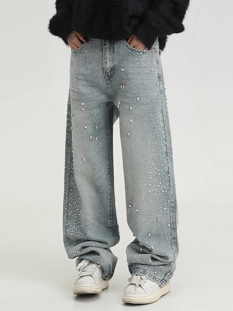 Celana Jeans Full Rhinestone Gaya Amerika High Street Pria Wanita Tren 2025 Stylish Longgar Lurus Berkilau Rhinestone Celana Lebar
