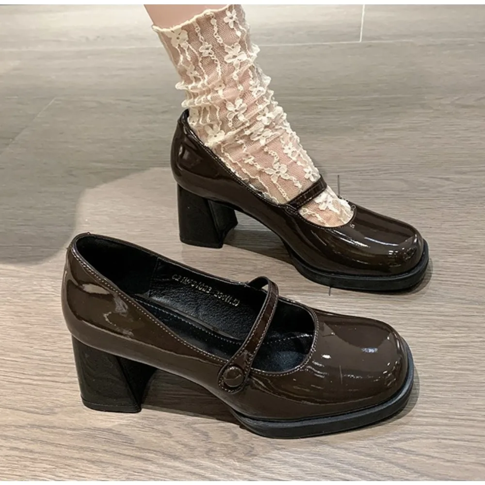 

New Patent Leather Brown Shoes Vintage Thick High Heels Shoes Women Woman Square Toe Chunky Heels Pumps Black