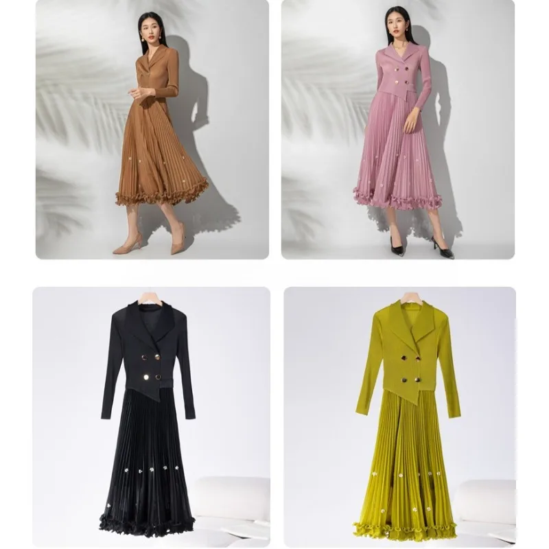 

Miyake Plissé 2025 Automne Mode Tempérament Nouveau Plissé Jupe Dentelle Couleur Unie Tailleur Collier Commuter Taille Robe