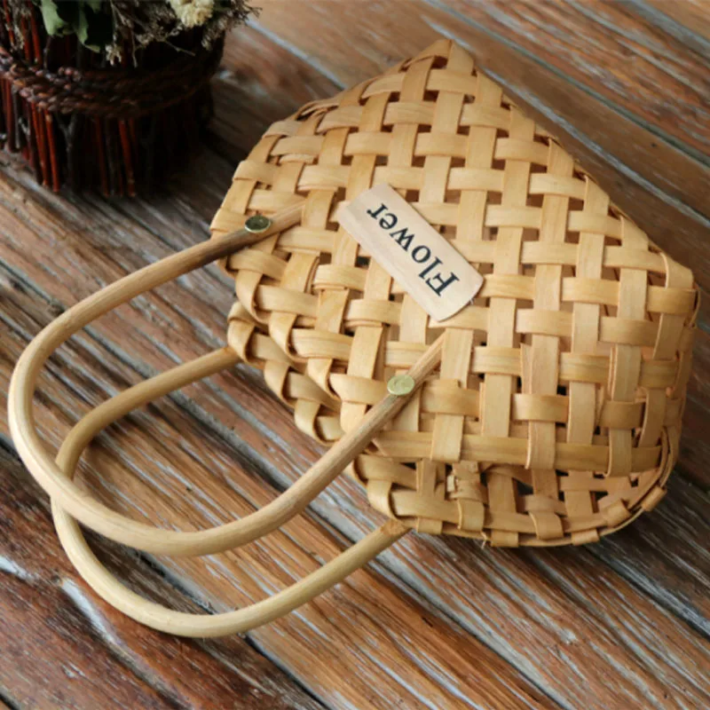 Hand Woven Women bag Pastoral wood chip small flower basket handbag wooden flower arrangement basket handbag