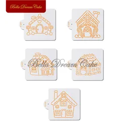 5pcs/set Christmas Gingerbread House Cookies Stencil DIY Fondant Biscuit Mold PET Chocolate Coffee Template Cake Decorating Tool
