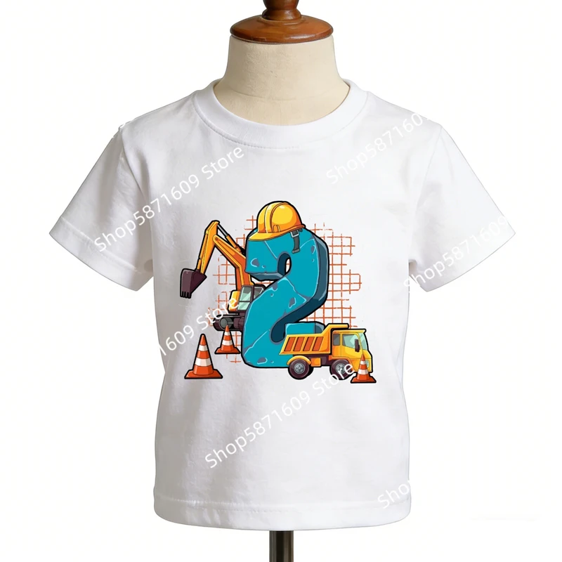 

Boy excavator safety helmet number printed short sleeved T-shirt bulldozer construction vehicle children's short sleeved shirt