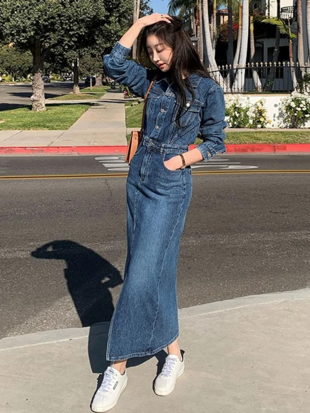 

Синее джинсовое женское платье Dr Spring Autumn: новинка, винтажный дизайн, с разрезом, подчеркивающее талию, длинное, повседневное, элегантное