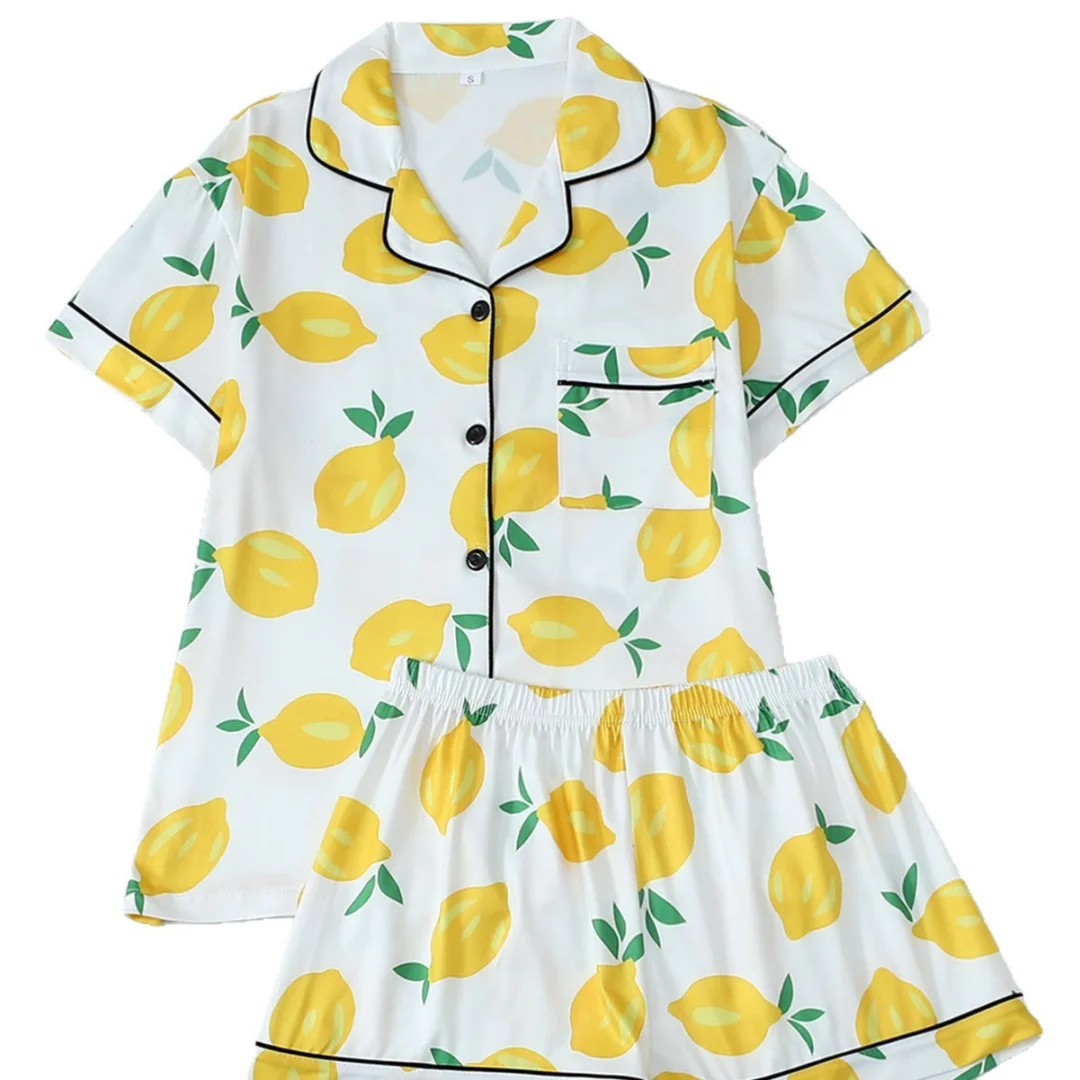

Cute Lemon Print Pajamas for Women Fruit Themed Home Wear Set Lapel Short-sleeved Shirts Short Pants Easter Summer Gifts