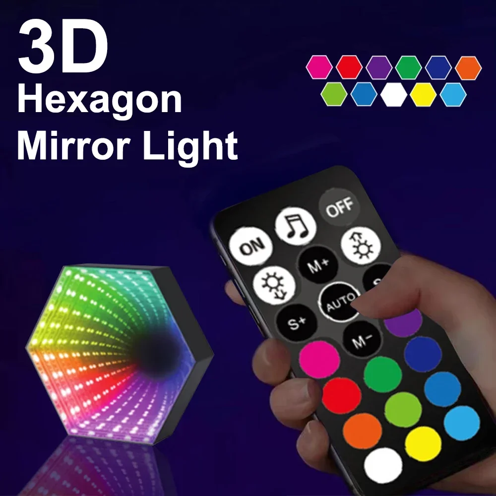 3D Hexagonal Mirror Lamp Computer Desktop Ambient Light RGB Remote Control Music Smart APP Control Night Lights Party Creat Gift