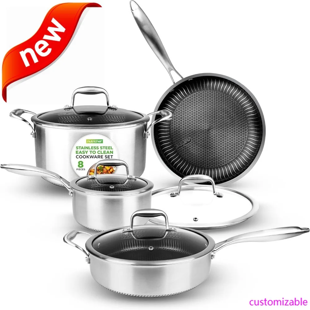 

NEW-8-Piece Triply Cookware Set Stainless Steel - Triply Kitchenware Pots & Pans Set Kitchen Cookware, Non-Stick Coating - Sauce