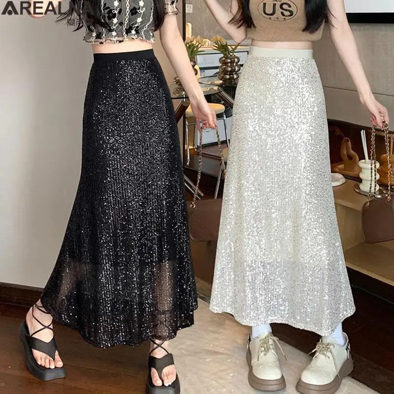 

Korean Fashion Shiny sequins Design Long Skirts for Women Ladies Streetwear All Match Sexy Midi mermaid Skirt 2023 summer saia