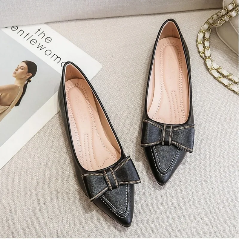 

Big Size 33-43 Women Girls Flats Low Heel Sweet Bowknot Pumps Office Lady Leahter Shoes Slip on Female Boat Shoes Ballet Flats