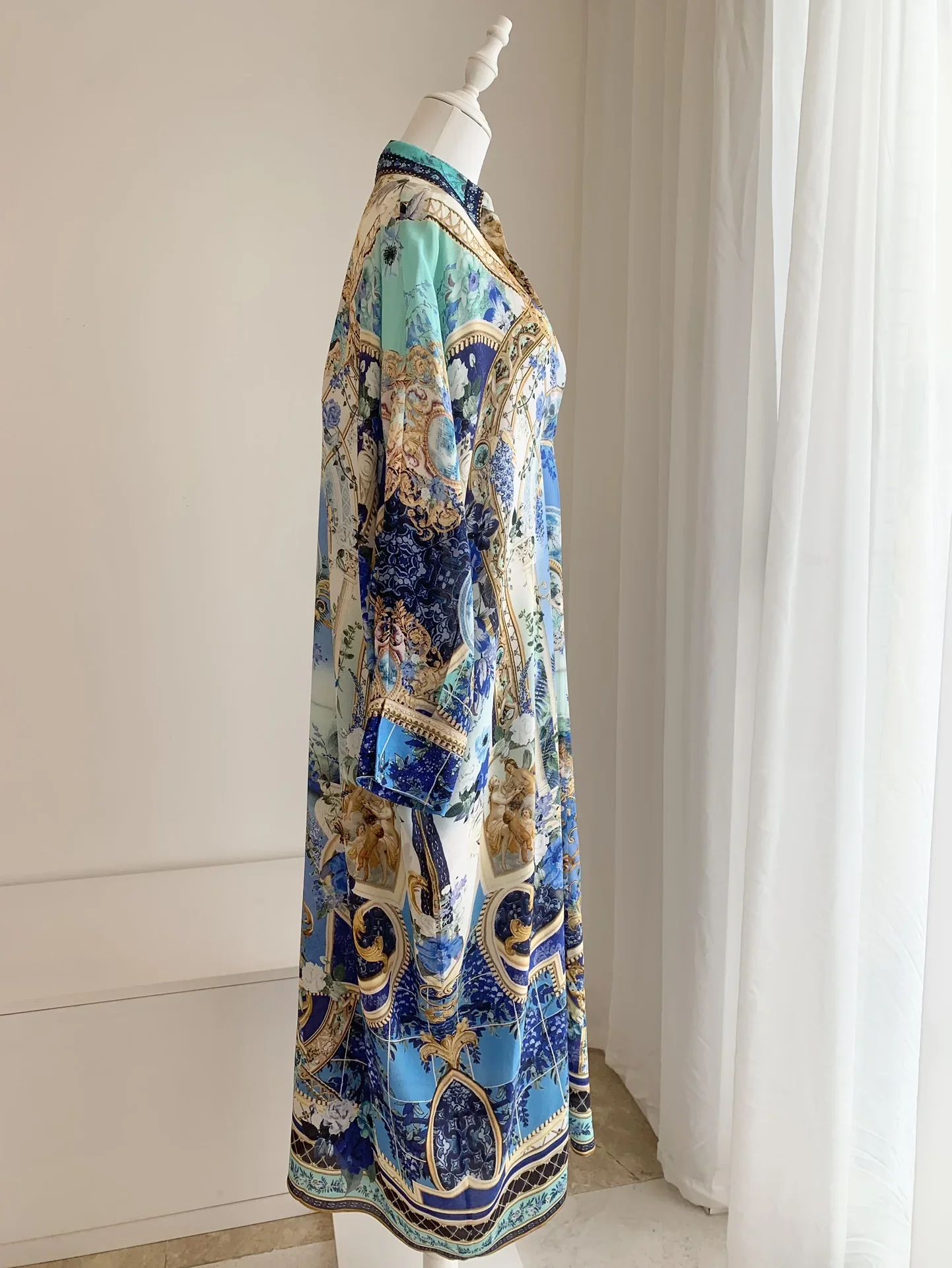 Women Beaded Long Dress Flower Printed Turn-down Collar Long Sleeve 100% Silk Vintage Robe