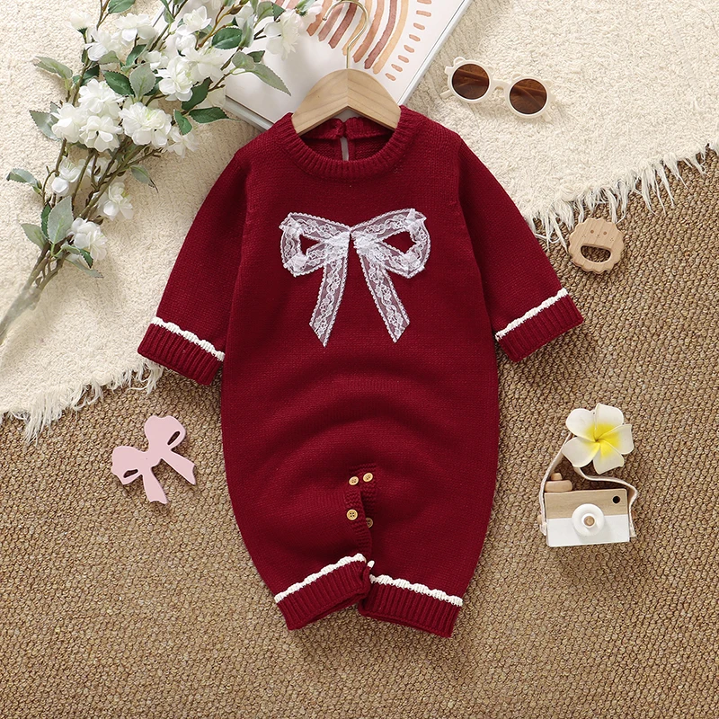 

Baby Girls Rompers 0-18m Fashion Red Bowknot Knitted Newborn Infant Jumpsuits One Piece Long Sleeves Toddler Fall Winter Costume