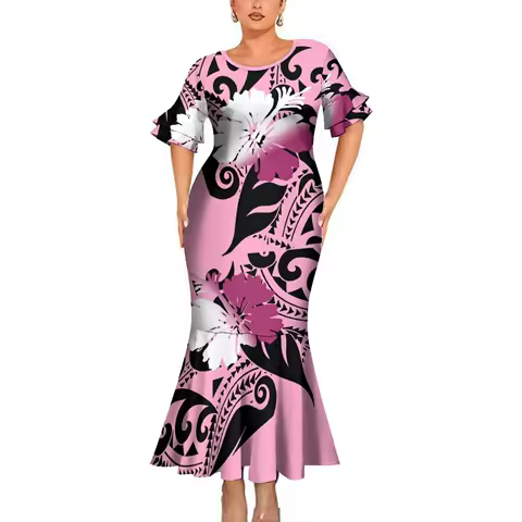 New Style Women'S Elegant And Refined Fishtail Dress Polynesian Samoa Retro Printed Cocktail Tight Evening Dress