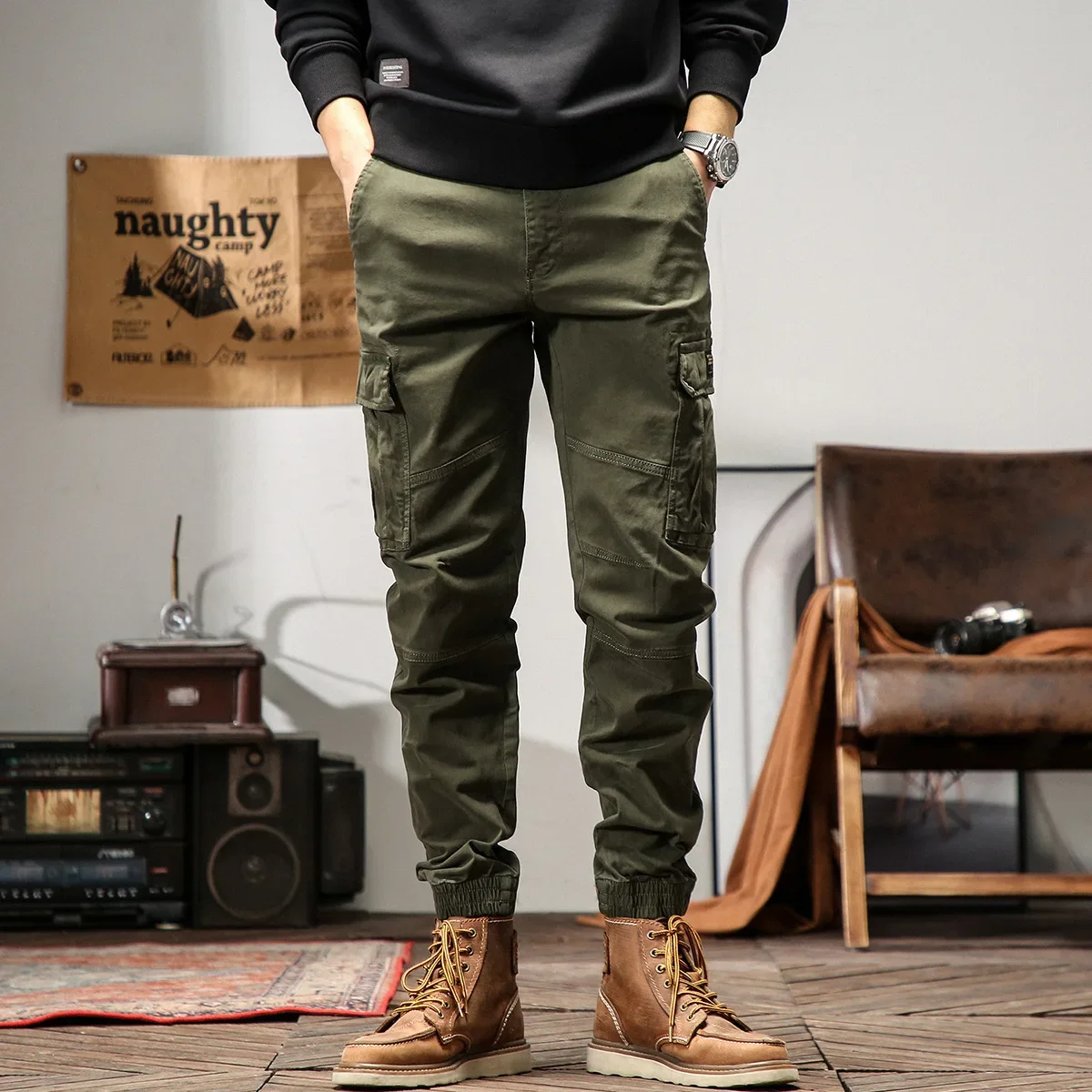 Cargo hose Mann hohe Taille Kordel zug schlanke Freizeit hose Mode High Street gerade Bleistift Workwear Hose Trend Streetwear