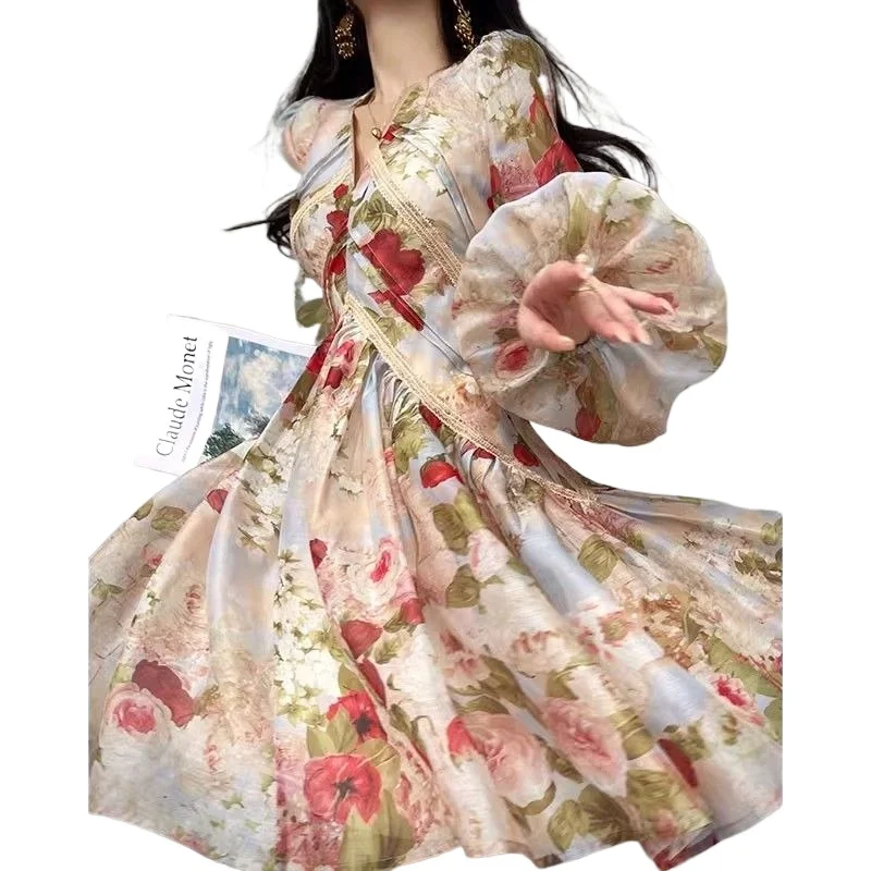 

Spring Summer New French Romantic Printed V-neck Waist Small Slim Dress Temperament Commuting Sweet Long Sleeve Short Dress