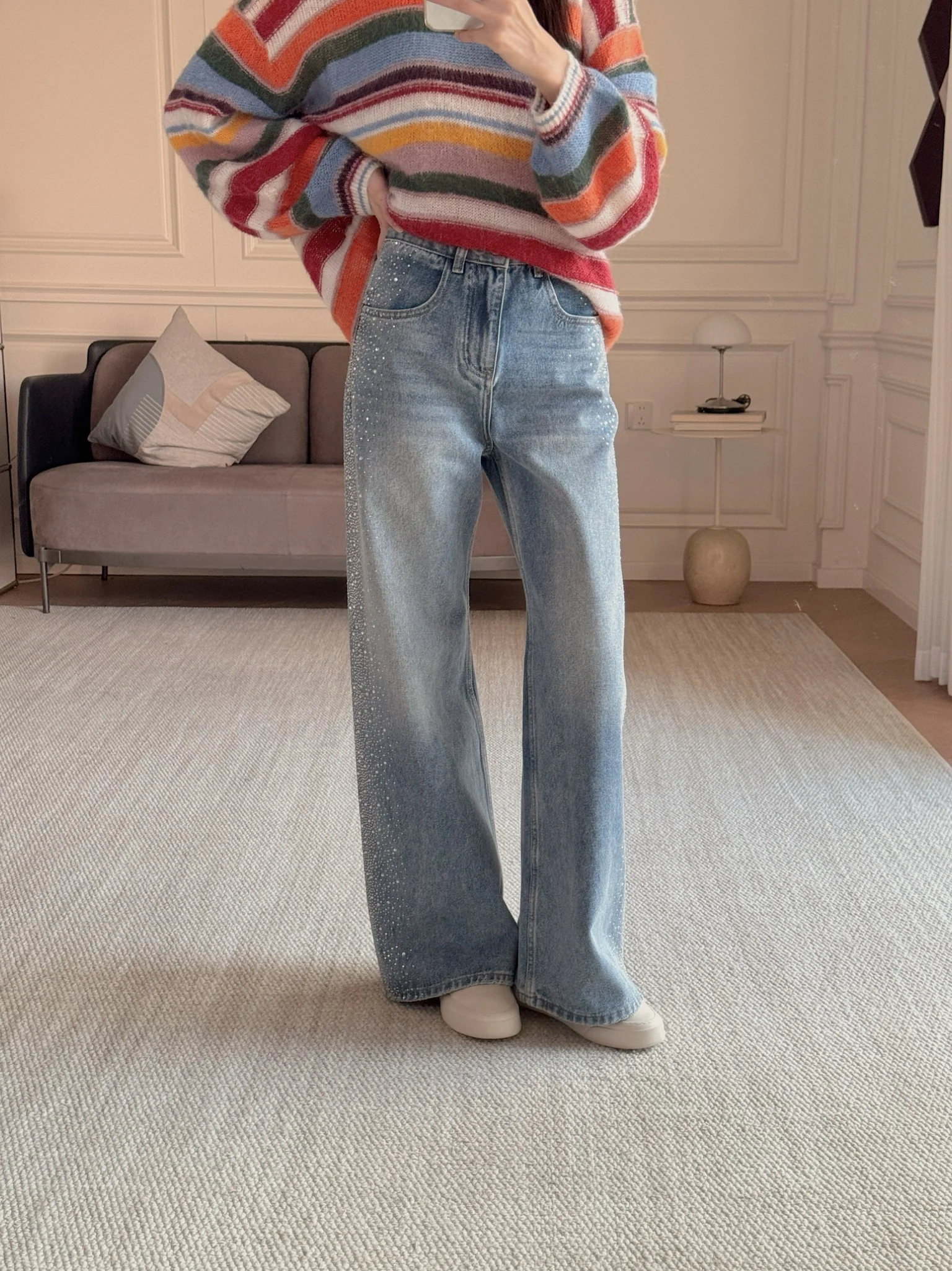 

Shiny Starry Night Wide Leg Jeans High Waist Straight Cut Heavy Embellishment Lenzing Mixed Fiber Casual Cotton Denim Pants