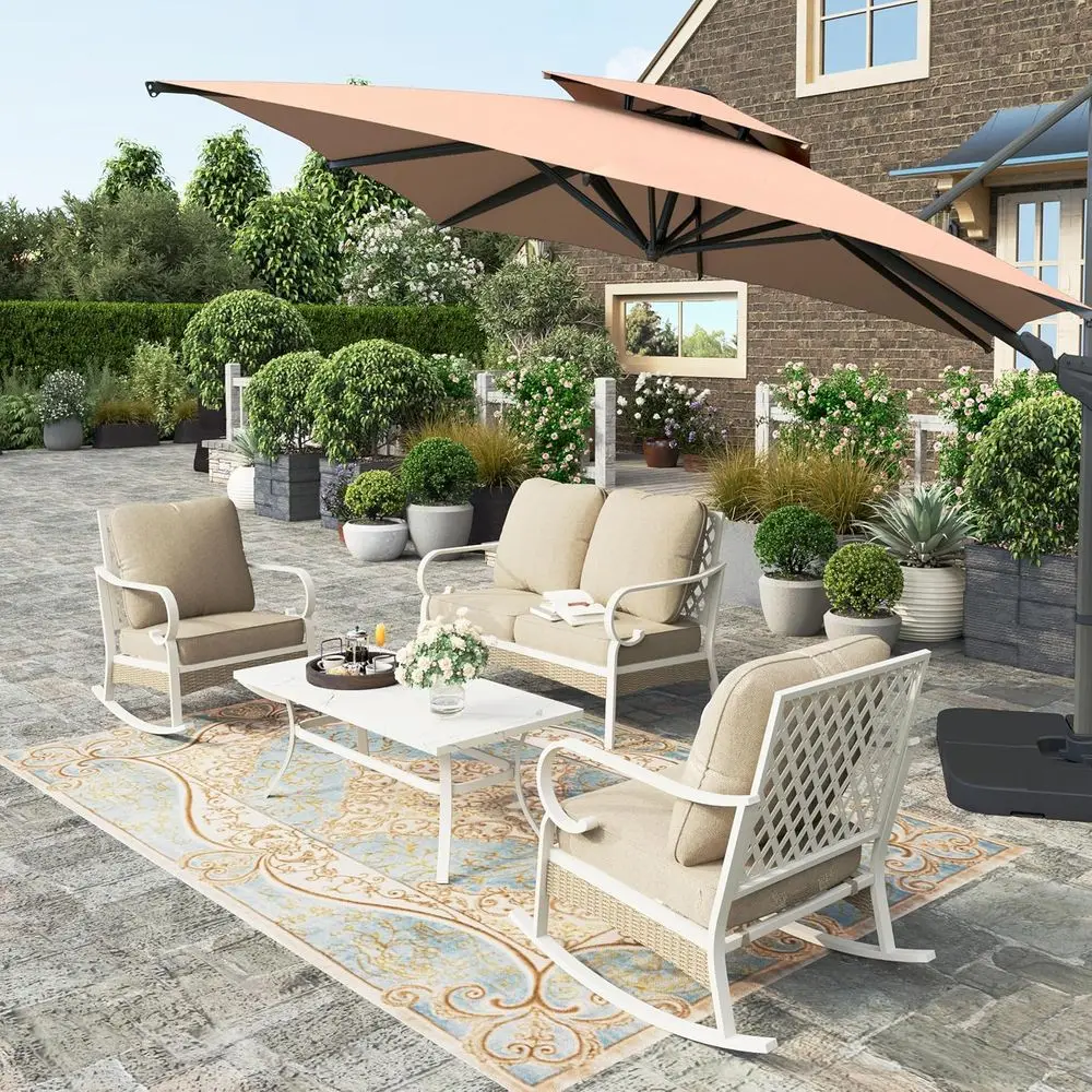 

4-Piece Outdoor Patio Furniture Set: Metal and Rattan Design, 2 Rocking Chairs, Loveseat, Marble Coffee Table, All-Weather Beige