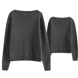 Maxdutti 2024 Winter Minimalist Women's Knitted Sweater Women Tops Fashion Elegant Gray Color Round Neck Pullovers