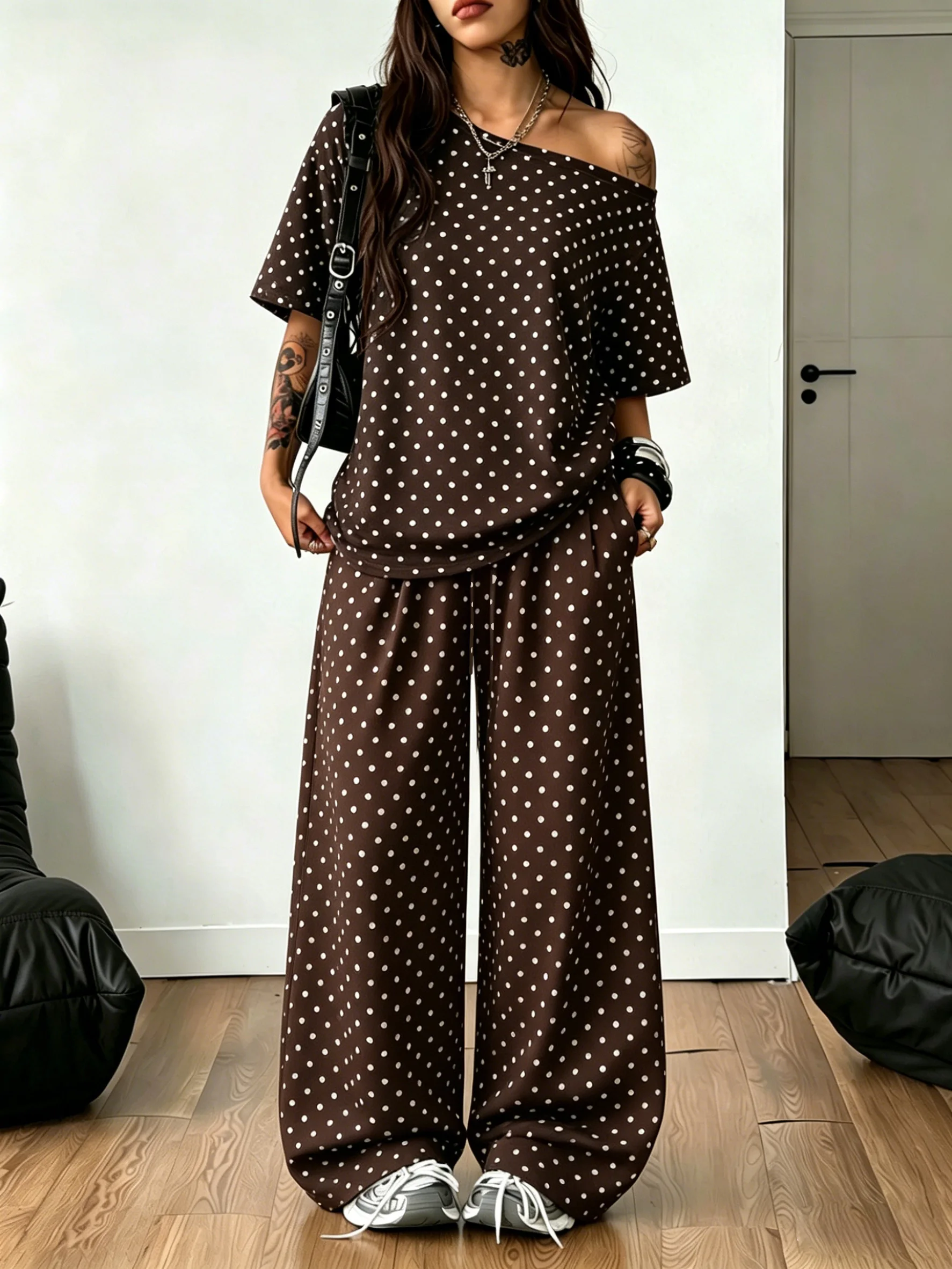 Women Polka Dot 2 Pcs Outfits Off Shoulder Loose Top Drawstring Wide Leg Pants, Casual Daily Back To School Matching Sets