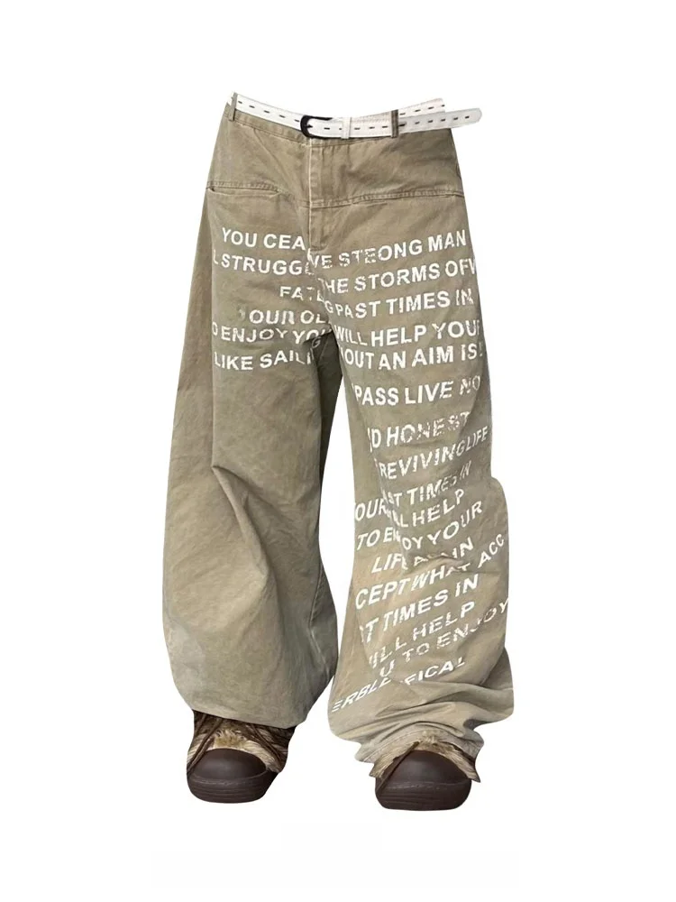 

Large Size American Retro Washed Letter Print Jeans Women's Loose Wide Leg Long Pants Casual High Waist Printed Denim