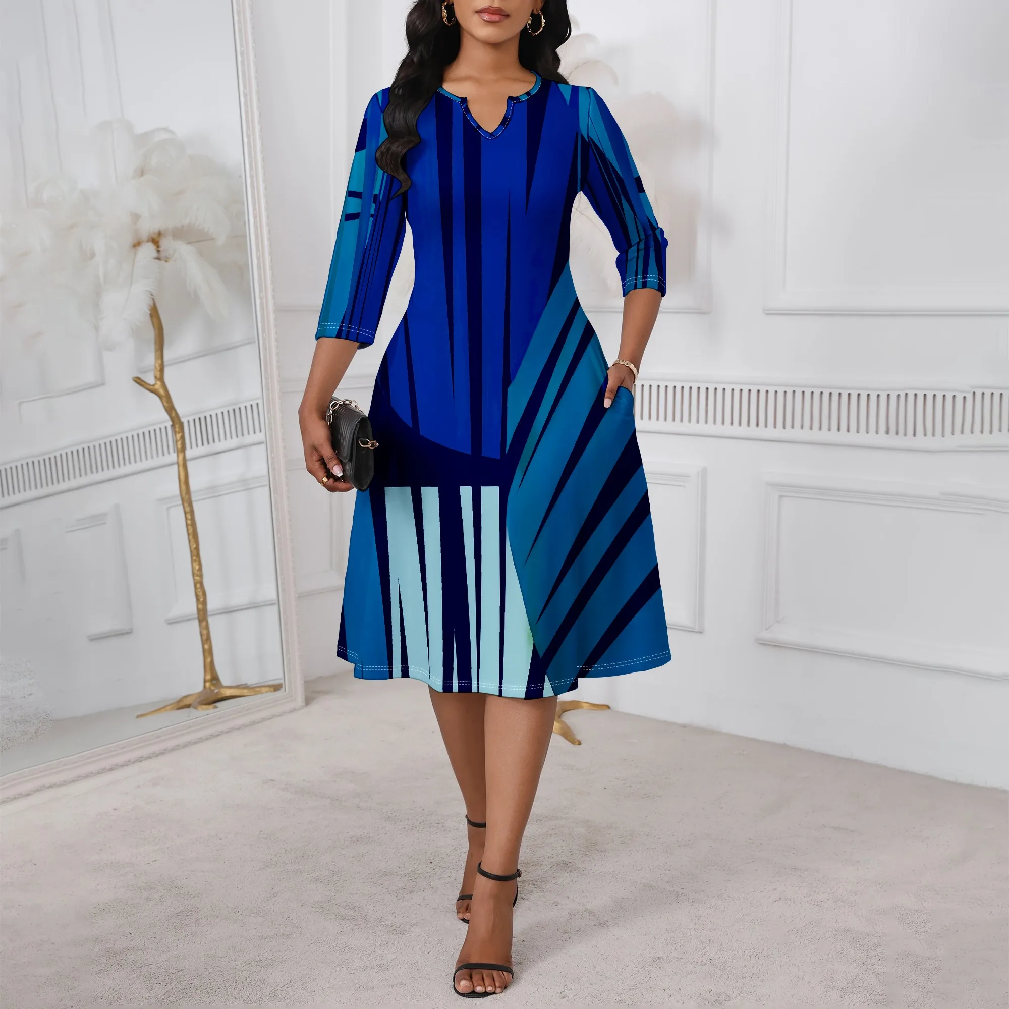 

Blue Abstract Stripe Midi Dress XS-3XL 3/4 Sleeve A-Line Style for Office Wear, Art Gallery Visit or Business Casual Look