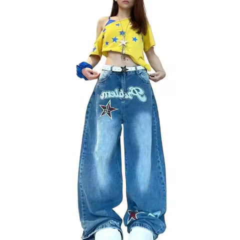American Vintage Spice Star Embroidered Wide-leg Machete Jeans Female Summer Y2K Punk Style Baggy Slim Joker Straight Mop Pants