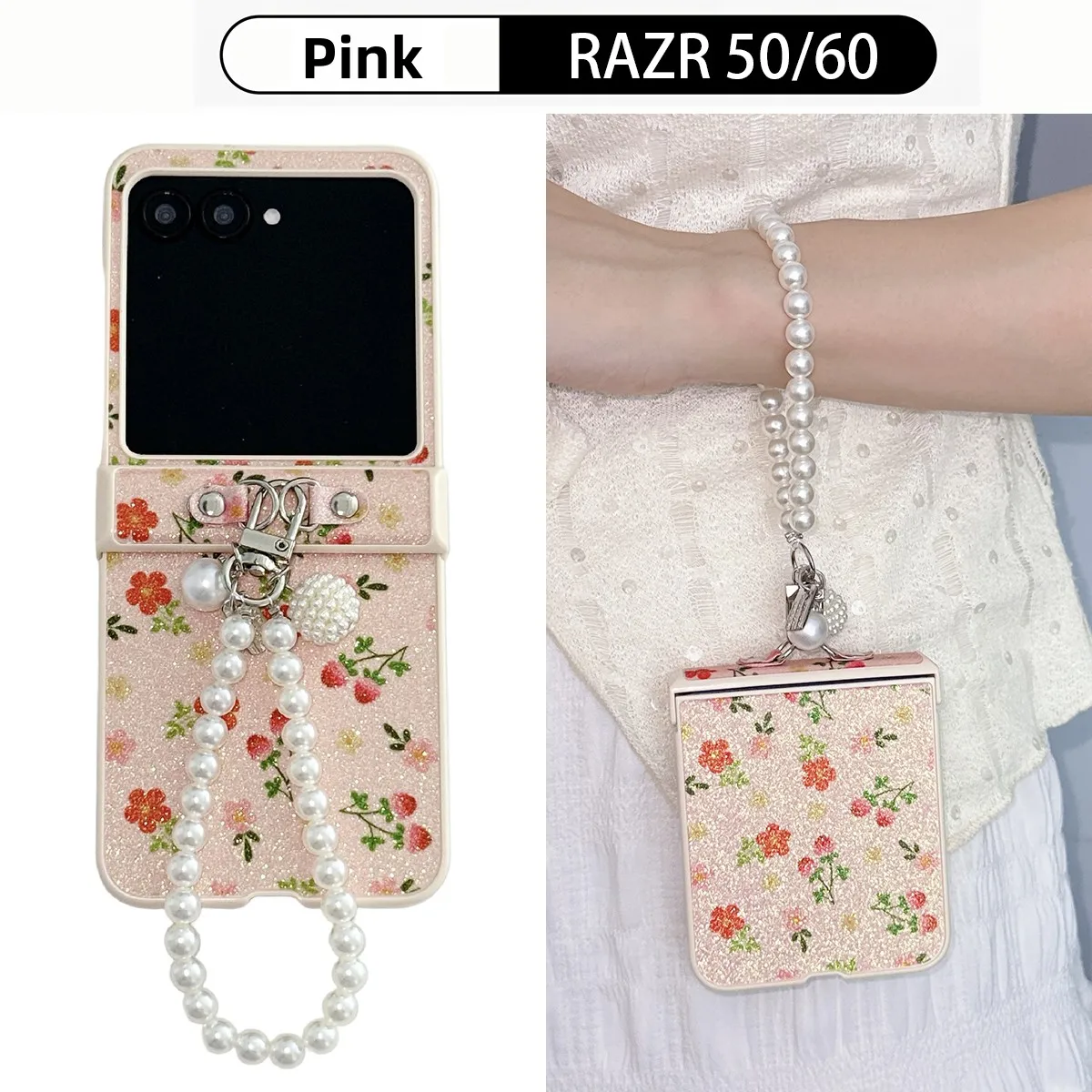 Funda de teléfono con correa de cuero y purpurina floral para Motorola Razr 60 50 Ultra Mooto Razr 60 Pro, funda a prueba de golpes