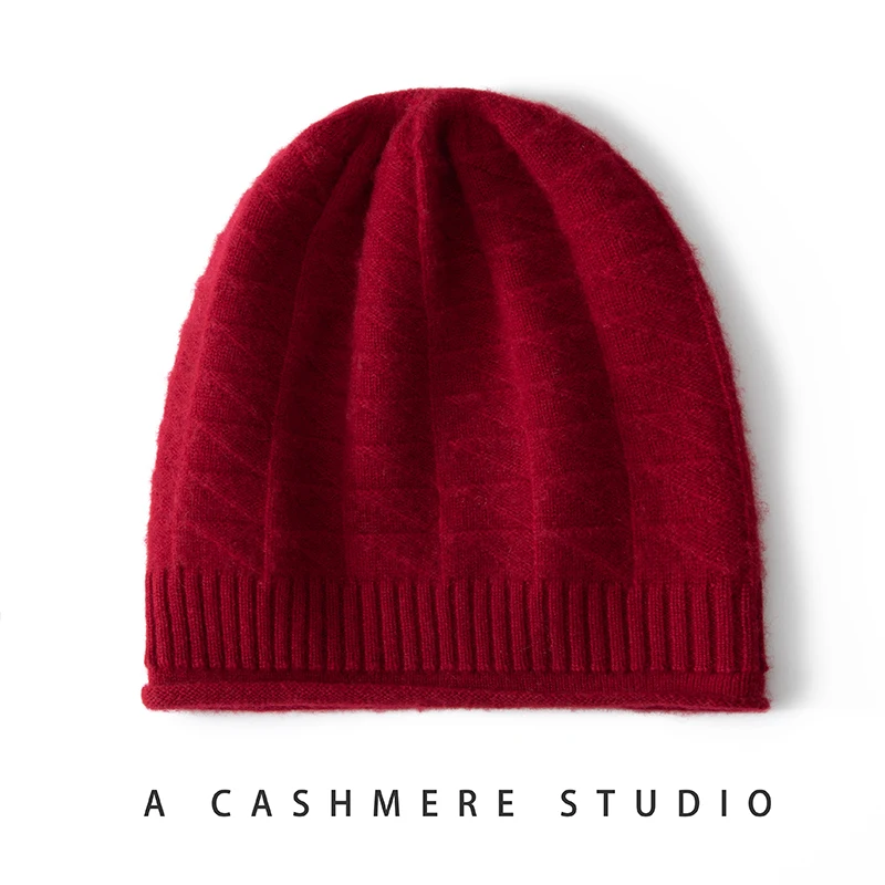 THYFGT Winter New 100% Pure Cashmere Hat Women's Curled Edge Stacking Hat Solid Color Warm and Versatile Knitted Hat