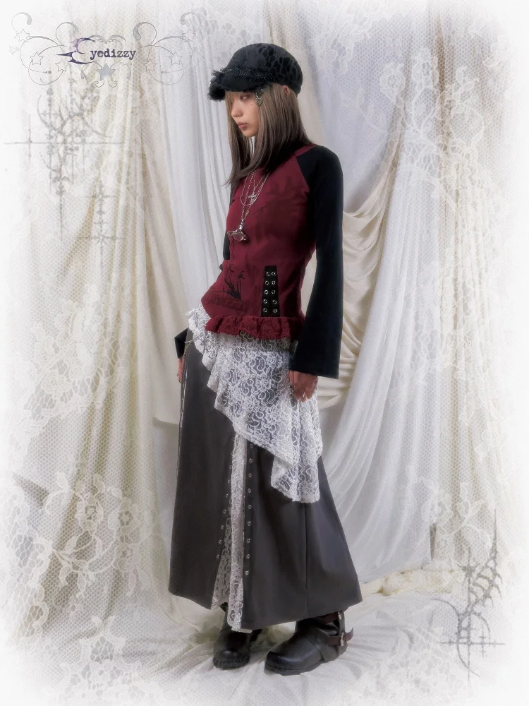 

Eyedizzy Original Punk Lace Splicing Asymmetrical Red Bla Long Sve Women's T-irt Street Sle Spring Cotton Printed