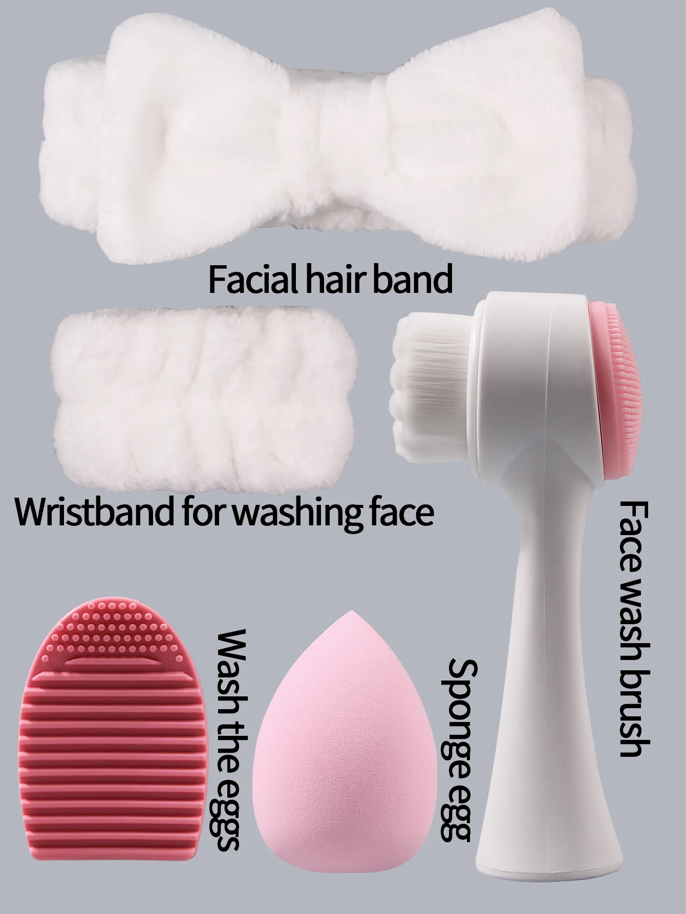 6-piece skin care and cleansing set:white bow hair band+wrist strap+double-sided cleansing brush+makeup egg + washing tools