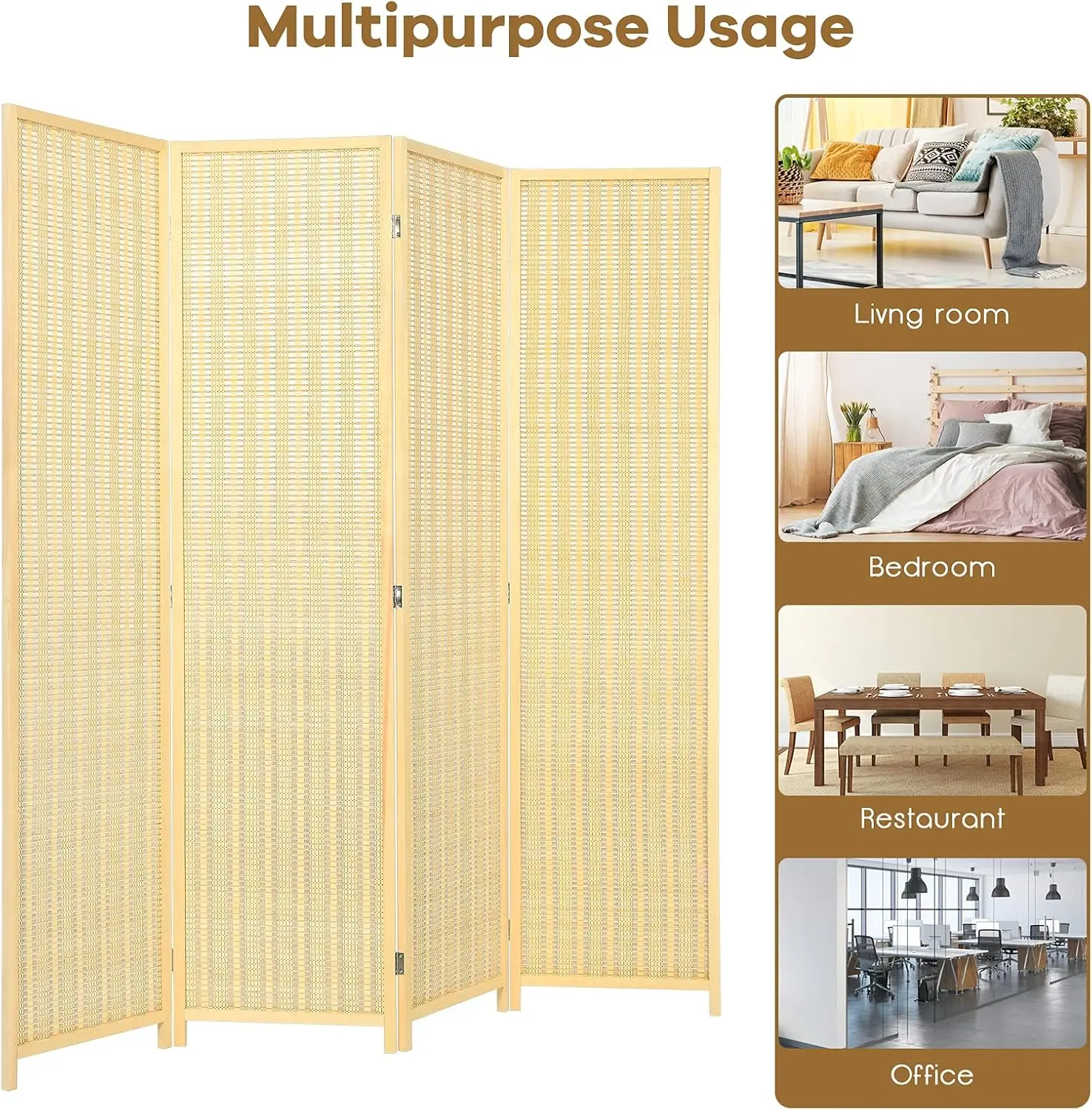 Bamboo Room Divider, 6 Ft Tall Freestanding Folding Privacy Screen, Wooden Room Separators Divider Wall, Portable Partit