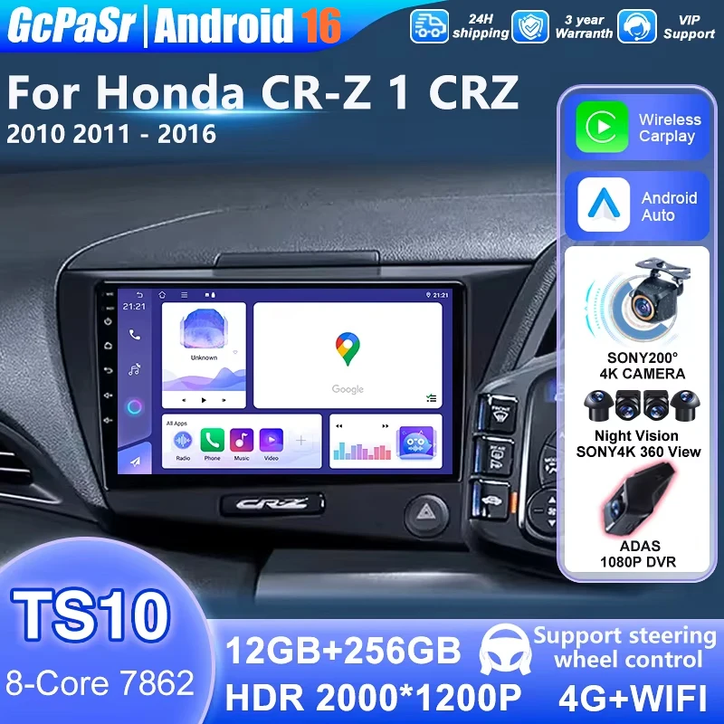 Carplay para Honda CR-Z 1 CRZ 2010-2016, Radio de Auto Android 16, Reproductor Multimedia Estéreo, Unidad Principal 4G BT, Navegación GPS, Android 14 1