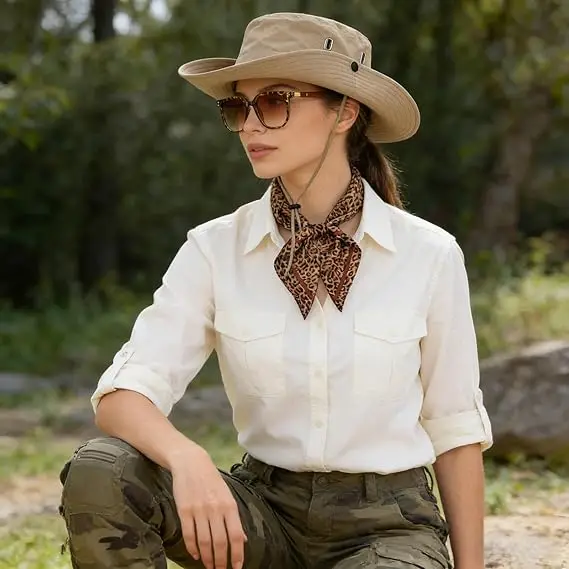 Women 3 PCS Zoo Keeper Costume Accessories Outdoor Explorer Hat Outfit Leopard Scarf Glasses Rave Party Cowboy Riding Hiking