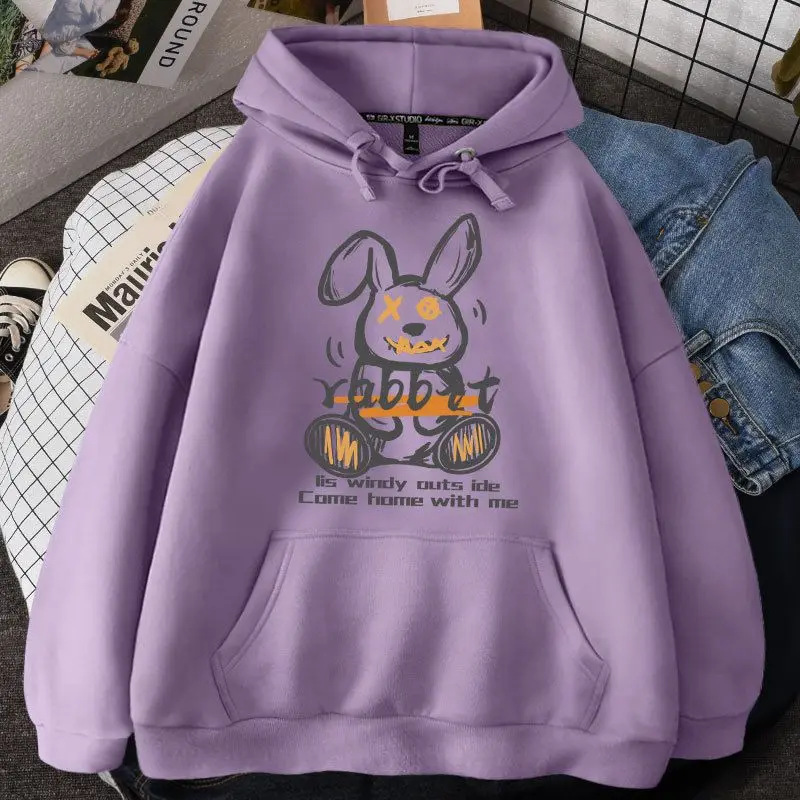 Purple hooded sweatshirt for women in autumn and winter 2025, fashionable bear print hooded sweatshirt, college trend pullover