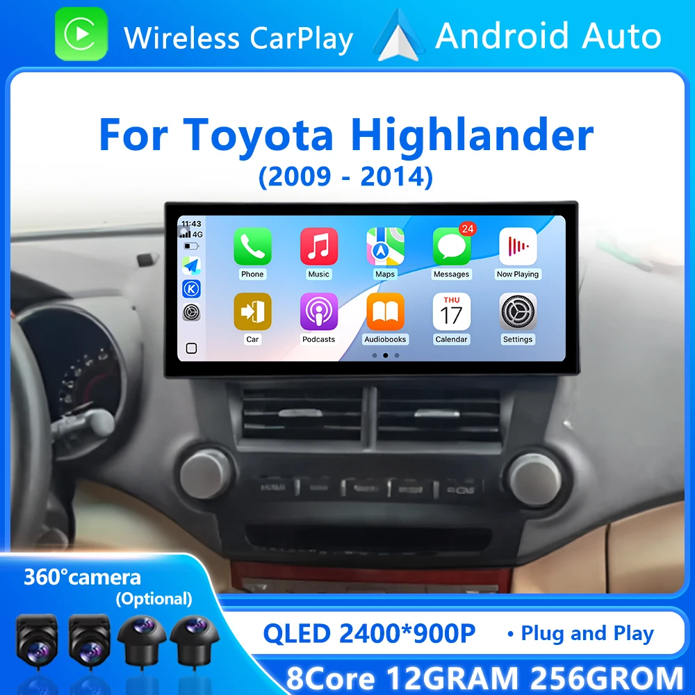 Android For Toyota Highlander 2009 - 2014 Wireless Carplay Intelligent System GPS Navigation DSP Stereo Touch Screen Accessories