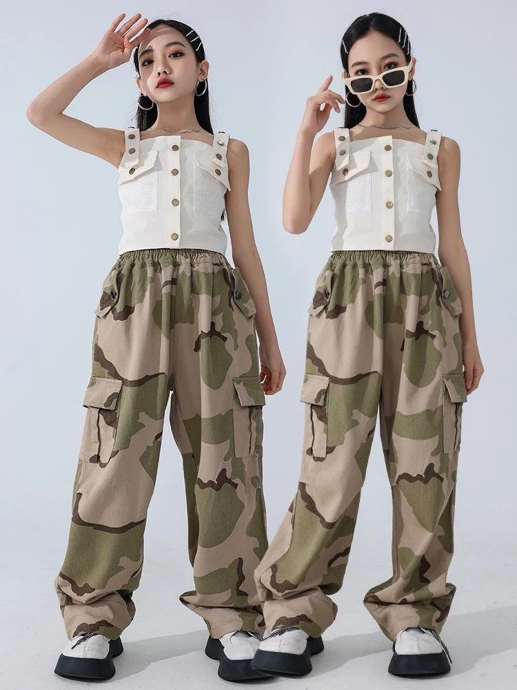 

2024 New Girls Jazz Dance Performance Stage Clothes White Vest Camouflage Pants Suit Children Hip Hop Dance Costumes DQS16092