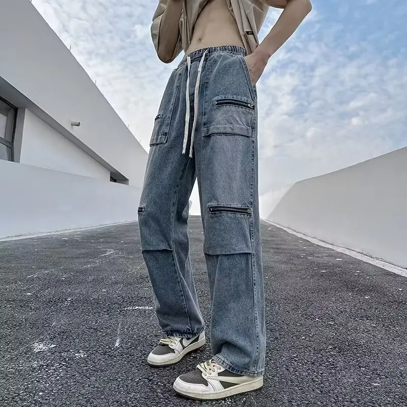 Jeans baggy déchirés pour hommes, pantalons en denim, pantalons taille élastique, streetwear hip hop, sarouel, longueur de rinçage, bleu, noir, décontracté, fjHarajuku