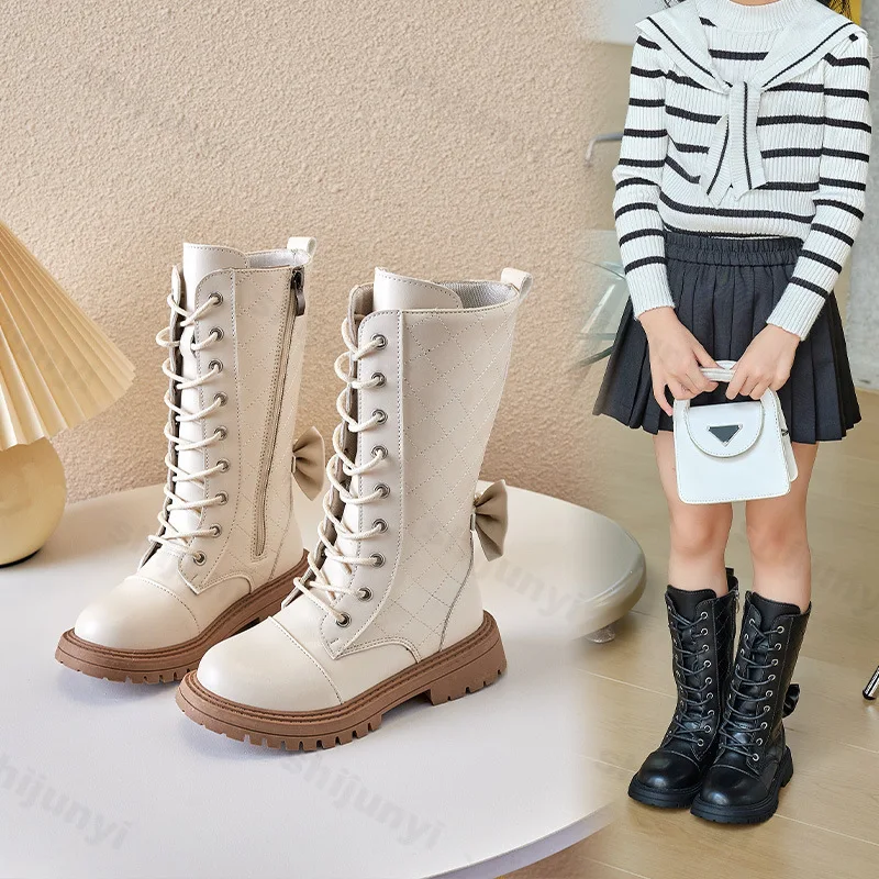 Girls Leather Boots 2025 Autumn Winter Soft Soled Non-slip Outdoor Bowknot Comfort Children Boots Kids Fashion Princess Boots