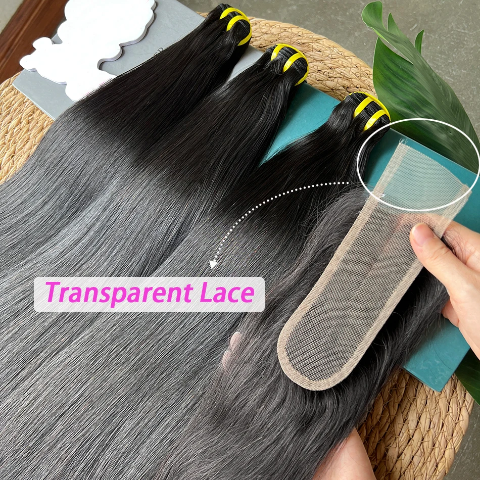 Bone Straight Double Drawn Human Hair Bundles With 2x6 Transparent Lace Closure Bleached Knots 100% Human Hair Weave Extensions