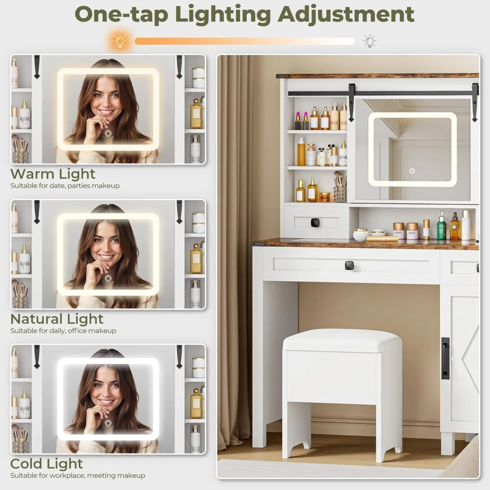 طاولة زينة للمكياج مع مرآة منزلقة، 3 ألوان إضاءة، مخرج طاقة، مكتب حديث على طراز المزرعة