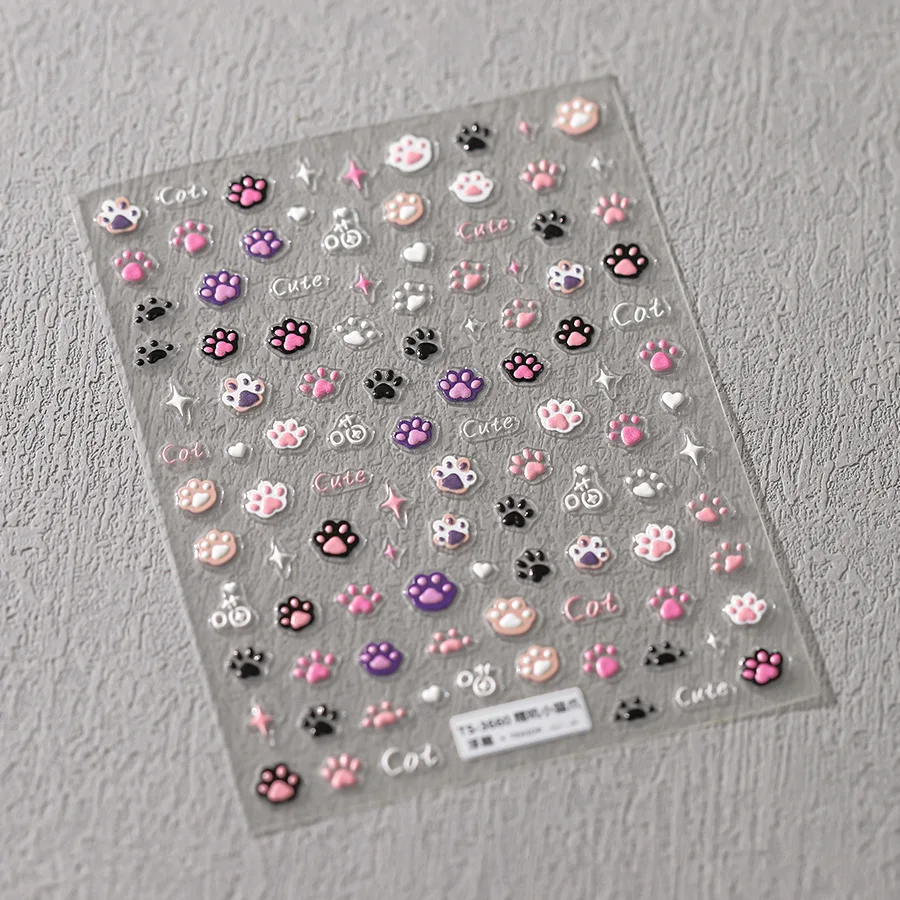 漫画猫のウサギバニー足跡韓国シリーズゼリー黒白レリーフ自己粘着 5D ネイルアートステッカーマニキュアデカール DIY